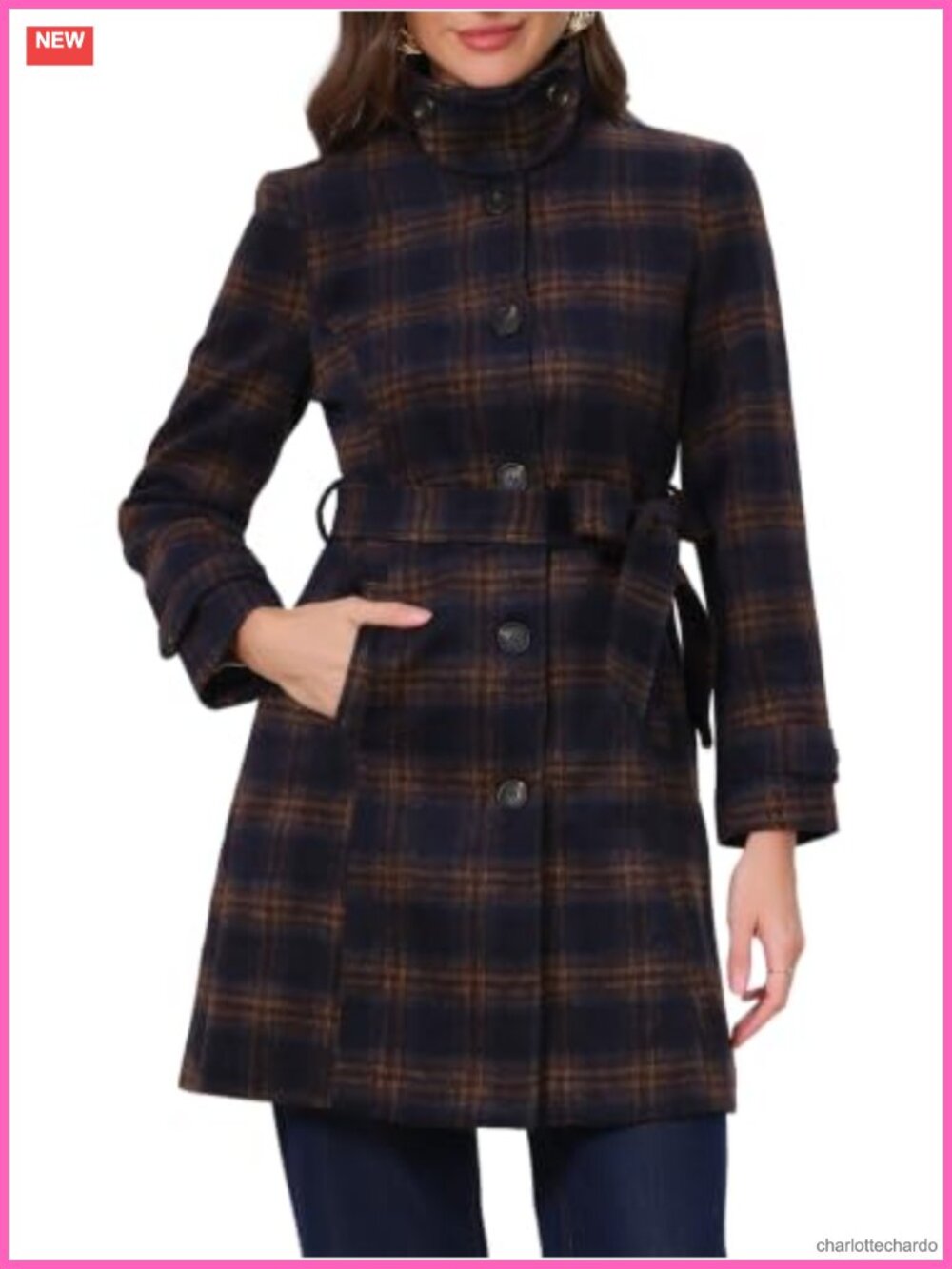 Vintage Plaid Peacoat Stand Collar Tailored Slim Fit Trench Coat